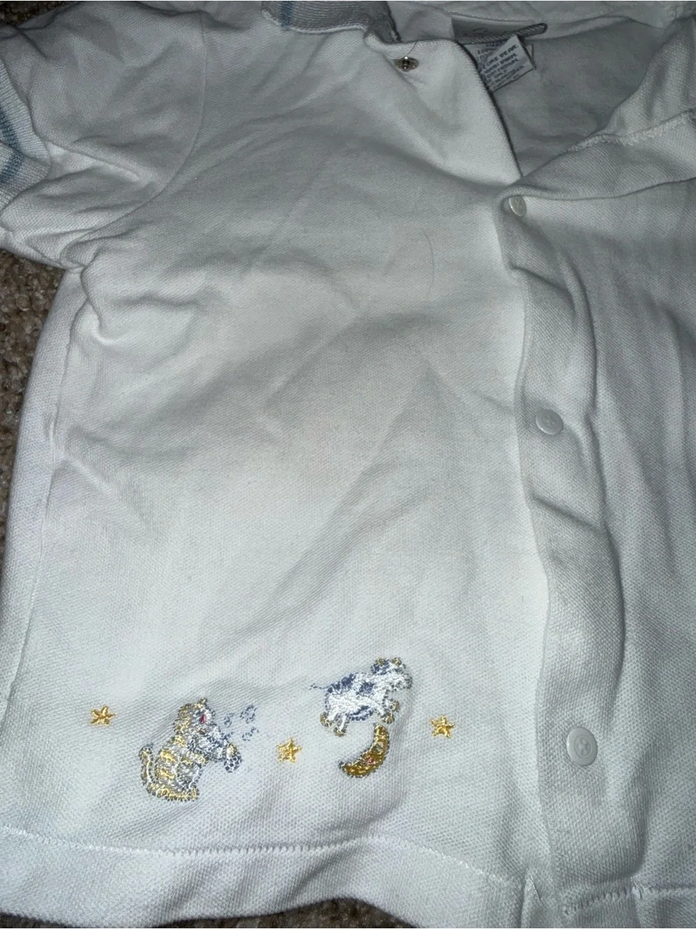Vintage 90s Carter's White Knit Baby Polo Snap Shirt Nursery Rhyme Embroidery